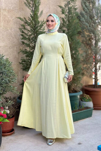 Bel Kuşaklı Kol Fermuar Detaylı Elbise 6041 Sarı - Bym Fashion