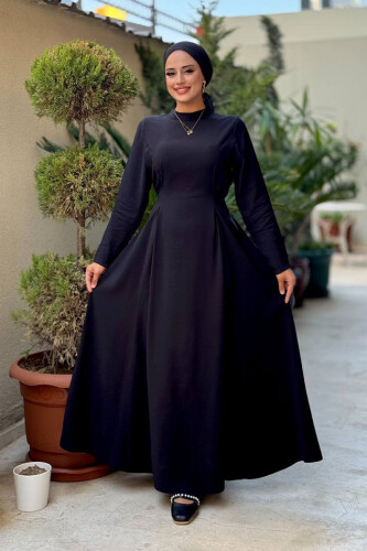 Bel Kuşaklı Kol Fermuar Detaylı Elbise 6041 Siyah - Bym Fashion