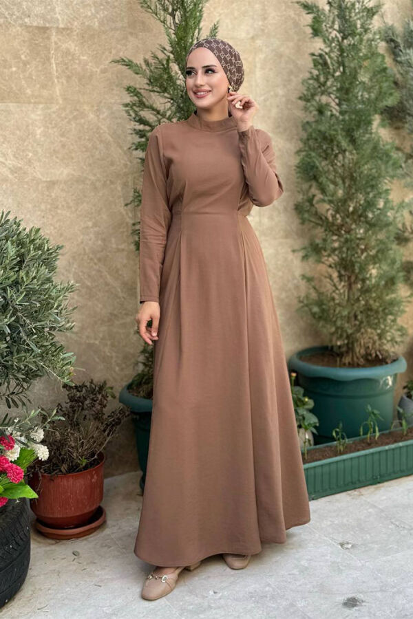 Bel Kuşaklı Kol Fermuar Detaylı Elbise 6041 Taba - 1