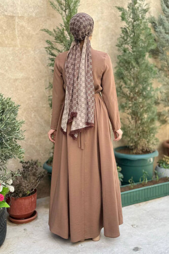 Bel Kuşaklı Kol Fermuar Detaylı Elbise 6041 Taba - 2