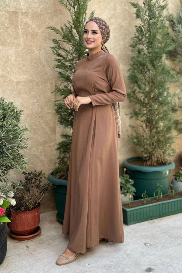 Bel Kuşaklı Kol Fermuar Detaylı Elbise 6041 Taba - 3
