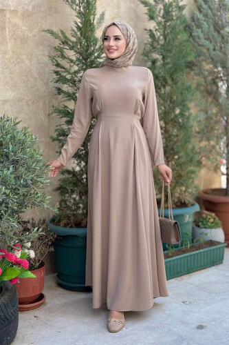 Bel Kuşaklı Kol Fermuar Detaylı Elbise 6041 Vizon - Bym Fashion