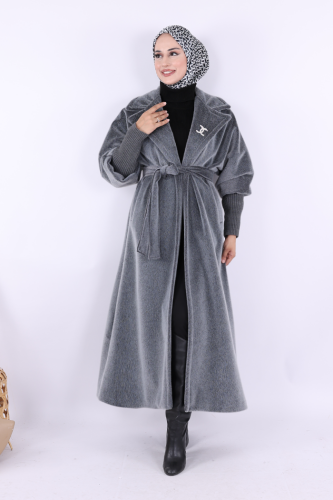 Bel Kuşaklı Yaka Taş Broş Detaylı Uzun Kaban 7923 Gri - Bym Fashion