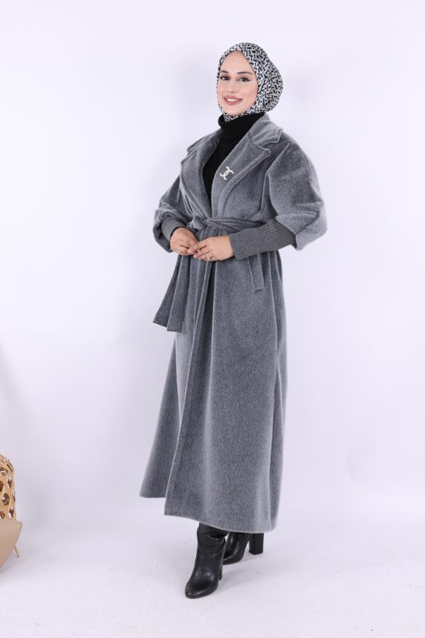 Bel Kuşaklı Yaka Taş Broş Detaylı Uzun Kaban 7923 Gri - 2