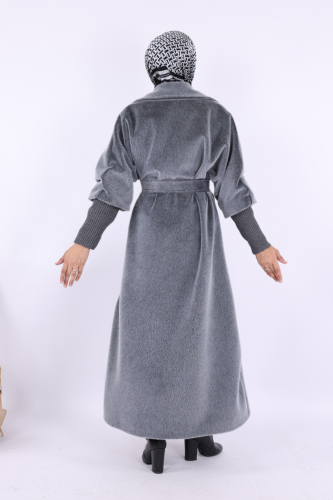 Bel Kuşaklı Yaka Taş Broş Detaylı Uzun Kaban 7923 Gri - 4