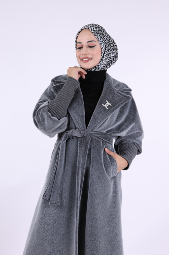 Bel Kuşaklı Yaka Taş Broş Detaylı Uzun Kaban 7923 Gri - 5