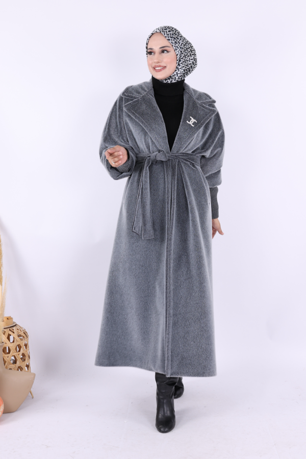 Bel Kuşaklı Yaka Taş Broş Detaylı Uzun Kaban 7923 Gri - 3