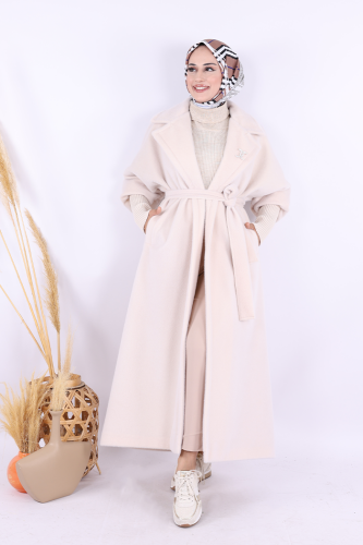 Bel Kuşaklı Yaka Taş Broş Detaylı Uzun Kaban 7923 Taş - Bym Fashion
