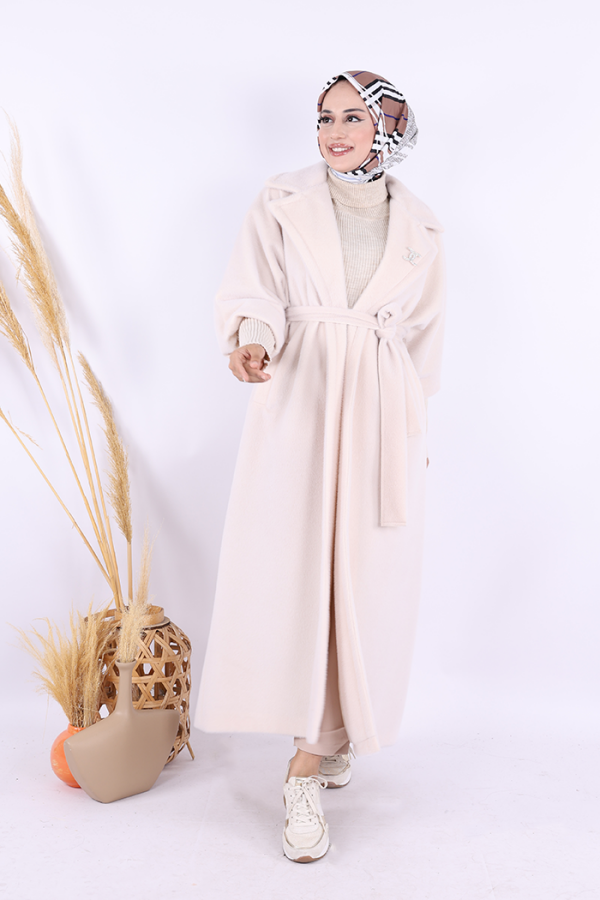 Bel Kuşaklı Yaka Taş Broş Detaylı Uzun Kaban 7923 Taş - 3