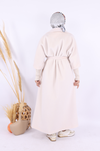 Bel Kuşaklı Yaka Taş Broş Detaylı Uzun Kaban 7923 Taş - 4