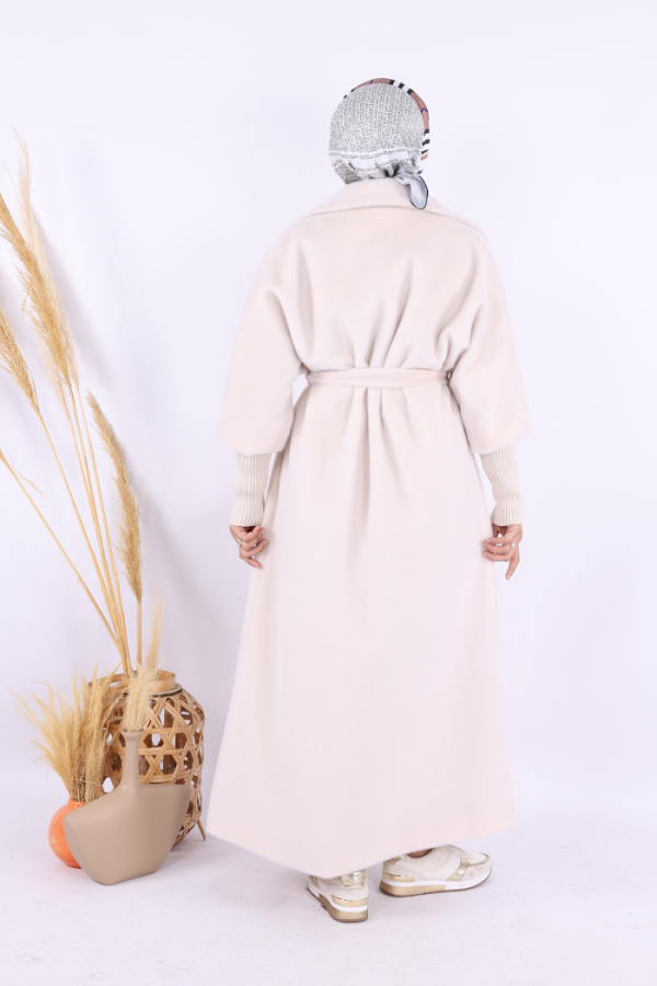 Bel Kuşaklı Yaka Taş Broş Detaylı Uzun Kaban 7923 Taş - 4