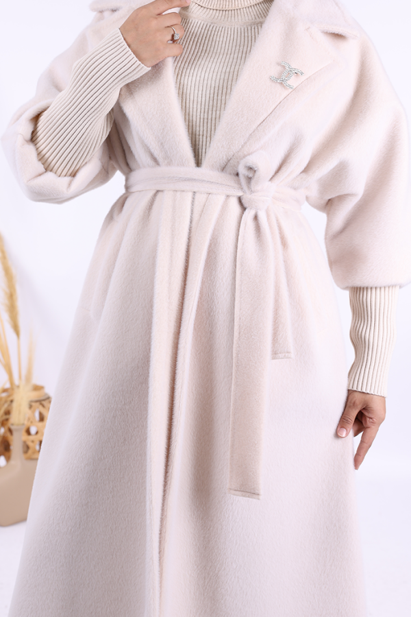 Bel Kuşaklı Yaka Taş Broş Detaylı Uzun Kaban 7923 Taş - 6