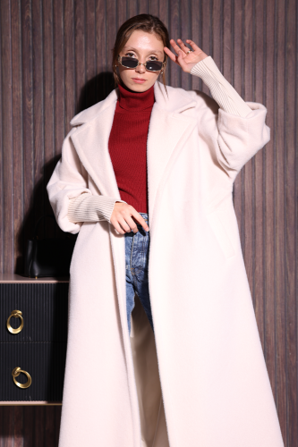 Bel Kuşaklı Yaka Taş Broş Detaylı Uzun Kaban 7923 Taş - 5