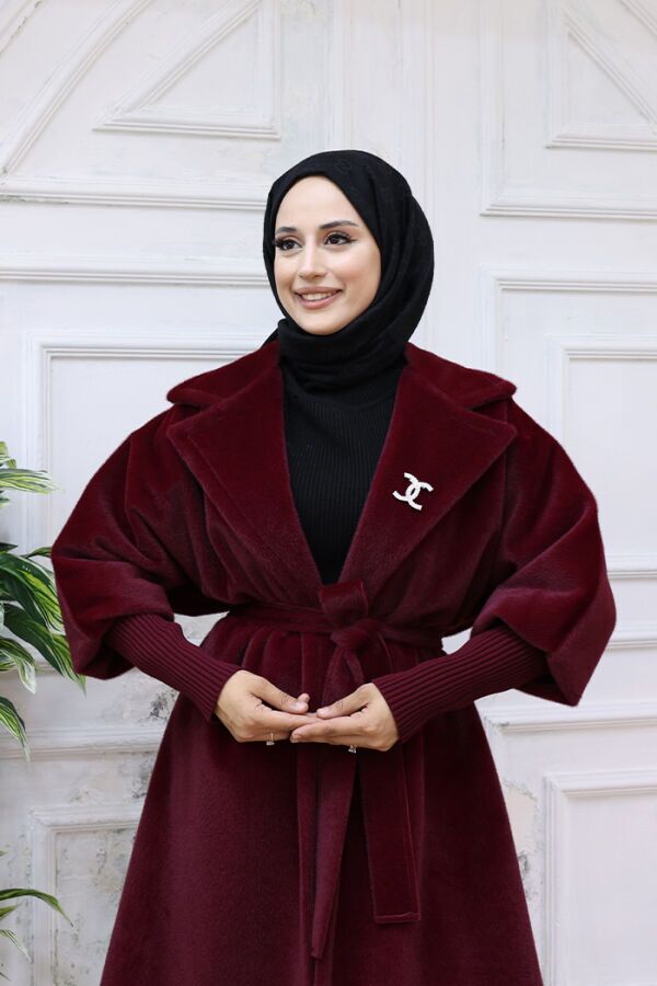 Bel Kuşaklı Yaka Taş Broş Detaylı Kaban 7874 Bordo - 4