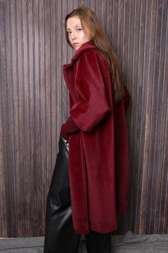 Bel Kuşaklı Yaka Taş Broş Detaylı Kaban 7874 Bordo - 3