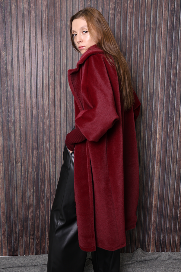 Bel Kuşaklı Yaka Taş Broş Detaylı Kaban 7874 Bordo - 3