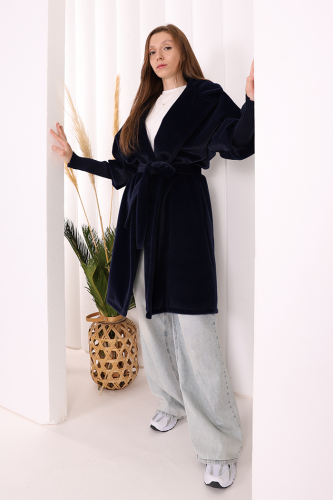 Bel Kuşaklı Yaka Taş Broş Detaylı Kaban 7874 Lacivert - Bym Fashion