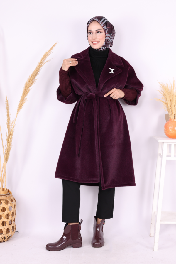 Bel Kuşaklı Yaka Taş Broş Detaylı Kaban 7874 Mor - 1