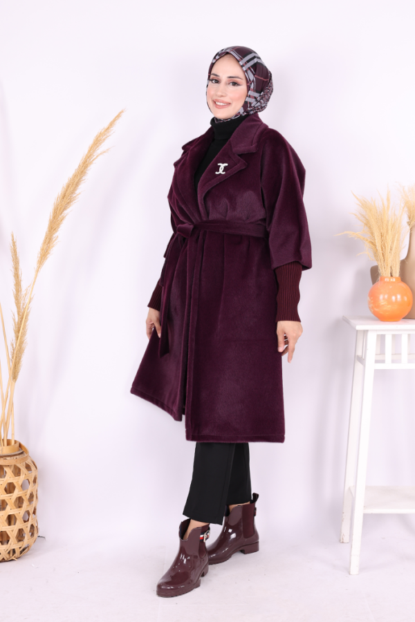 Bel Kuşaklı Yaka Taş Broş Detaylı Kaban 7874 Mor - 2