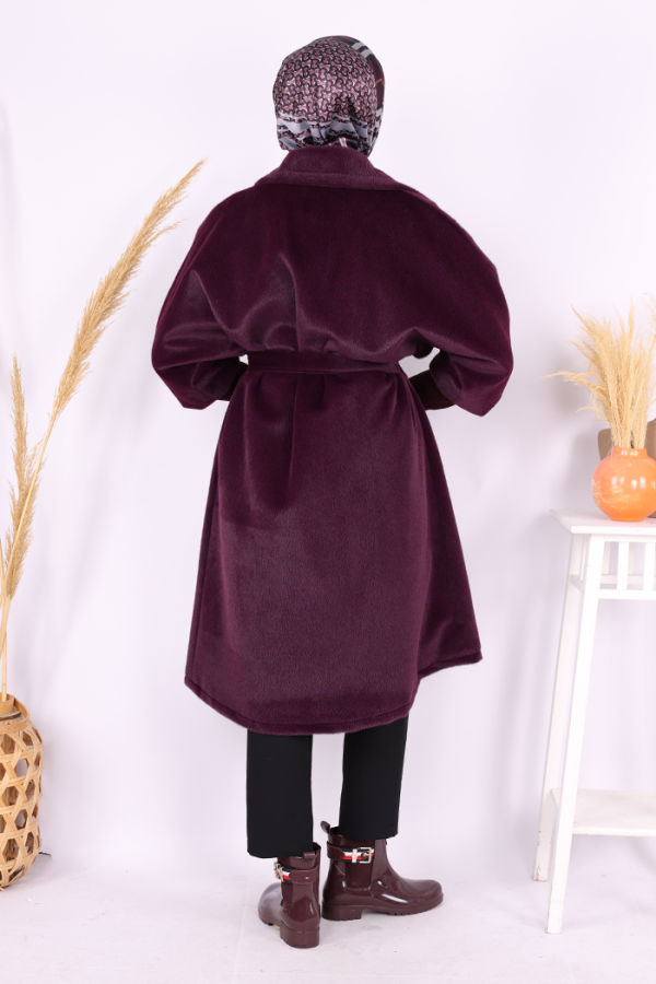 Bel Kuşaklı Yaka Taş Broş Detaylı Kaban 7874 Mor - 4