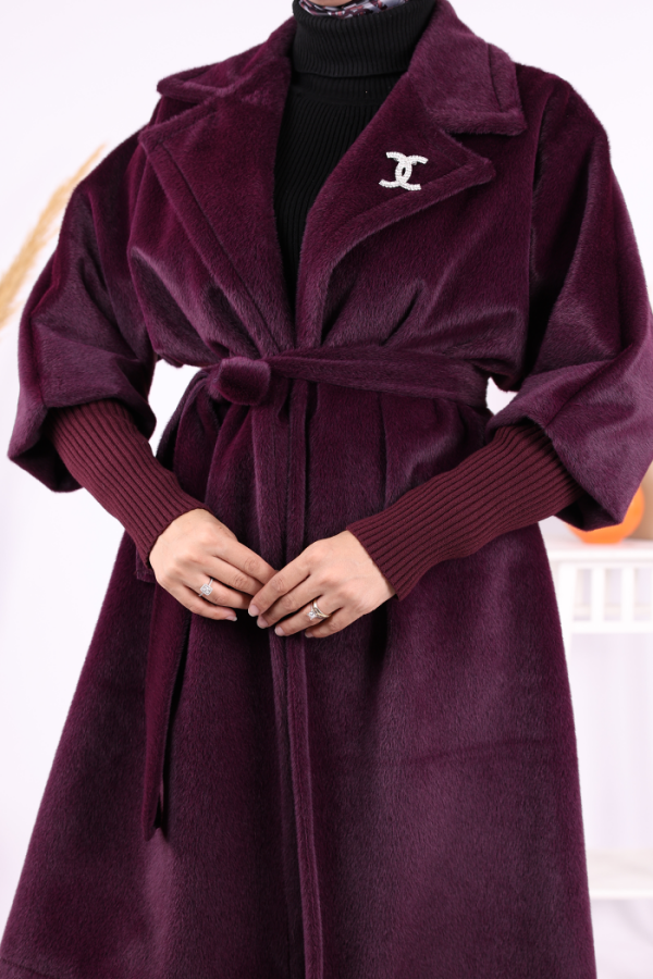 Bel Kuşaklı Yaka Taş Broş Detaylı Kaban 7874 Mor - 6