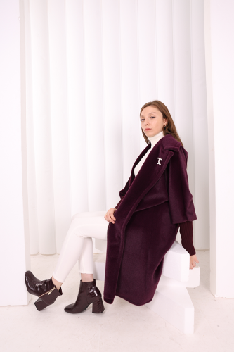 Bel Kuşaklı Yaka Taş Broş Detaylı Kaban 7874 Mor - 3