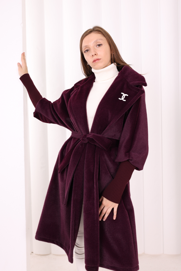 Bel Kuşaklı Yaka Taş Broş Detaylı Kaban 7874 Mor - 5