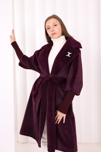 Bel Kuşaklı Yaka Taş Broş Detaylı Kaban 7874 Mor - 5