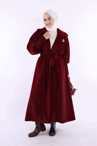 Bel Kuşaklı Yaka Taş Broş Detaylı Uzun Kaban 7923 Bordo 