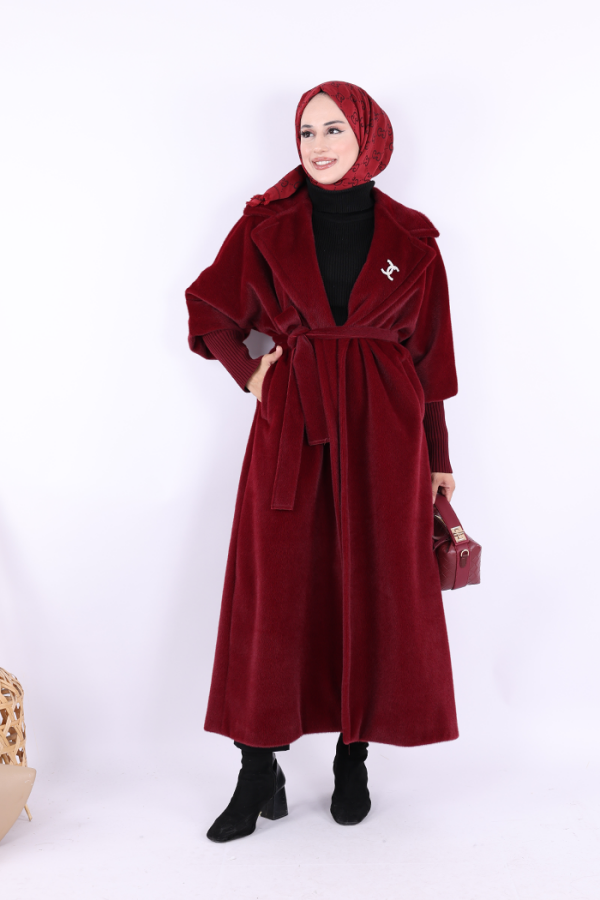 Bel Kuşaklı Yaka Taş Broş Detaylı Uzun Kaban 7923 Bordo - 2