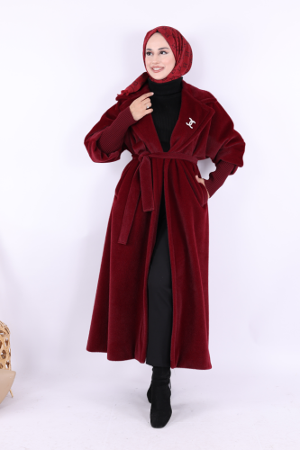 Bel Kuşaklı Yaka Taş Broş Detaylı Uzun Kaban 7923 Bordo - 4