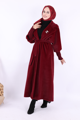 Bel Kuşaklı Yaka Taş Broş Detaylı Uzun Kaban 7923 Bordo - 3