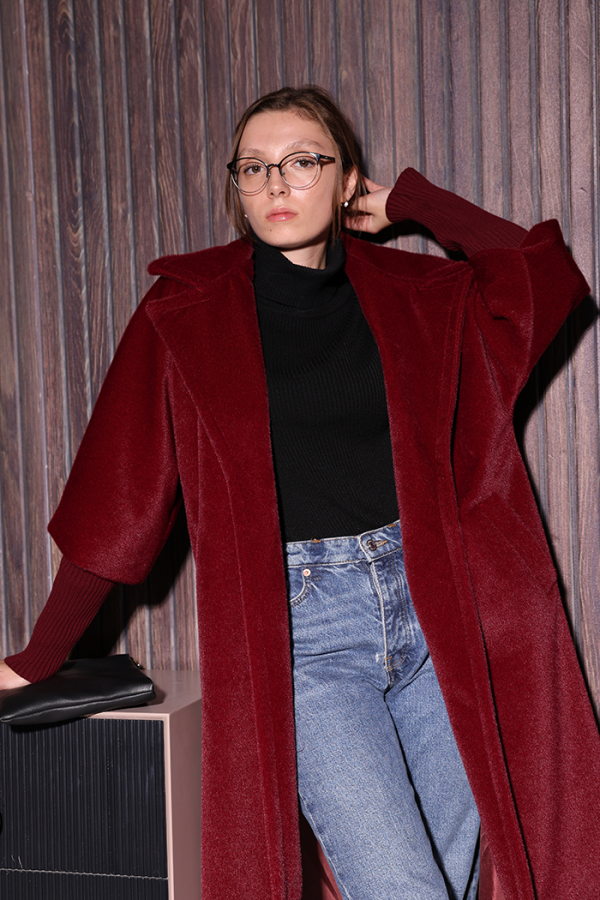 Bel Kuşaklı Yaka Taş Broş Detaylı Uzun Kaban 7923 Bordo - 6