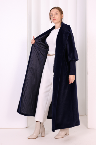 Bel Kuşaklı Yaka Taş Broş Detaylı Uzun Kaban 7923 Lacivert - Bym Fashion