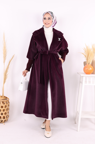 Bel Kuşaklı Yaka Taş Broş Detaylı Uzun Kaban 7923 Mor - Bym Fashion
