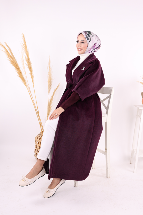 Bel Kuşaklı Yaka Taş Broş Detaylı Uzun Kaban 7923 Mor - 5
