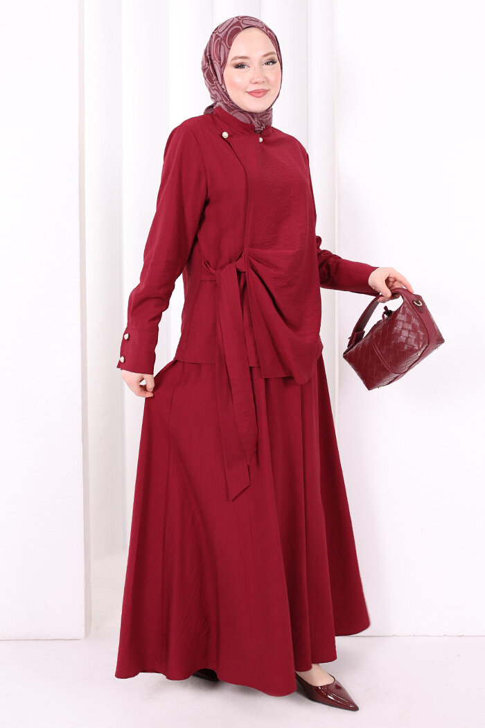 Belden Bağlamalı Bluz Etek Takım 8703 Bordo - 1