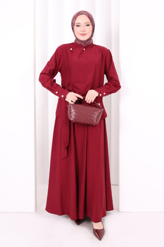 Belden Bağlamalı Bluz Etek Takım 8703 Bordo - 2