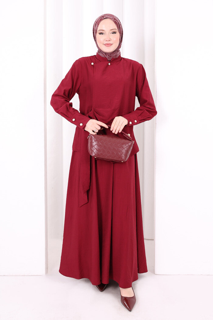 Belden Bağlamalı Bluz Etek Takım 8703 Bordo - 2