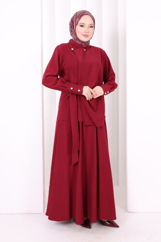 Belden Bağlamalı Bluz Etek Takım 8703 Bordo - 3