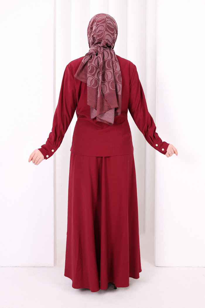 Belden Bağlamalı Bluz Etek Takım 8703 Bordo - 4