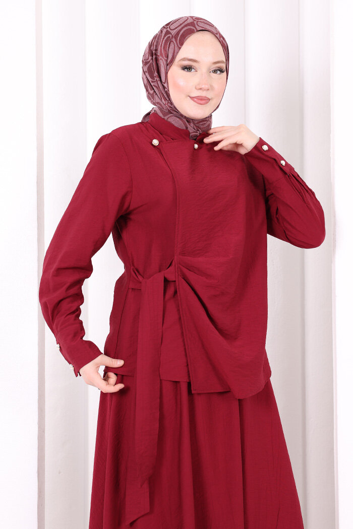 Belden Bağlamalı Bluz Etek Takım 8703 Bordo - 5