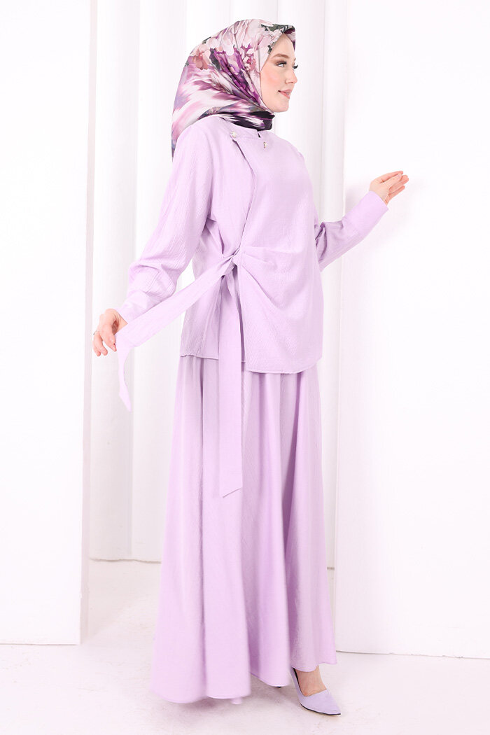 Belden Bağlamalı Bluz Etek Takım 8703 Lila - 3