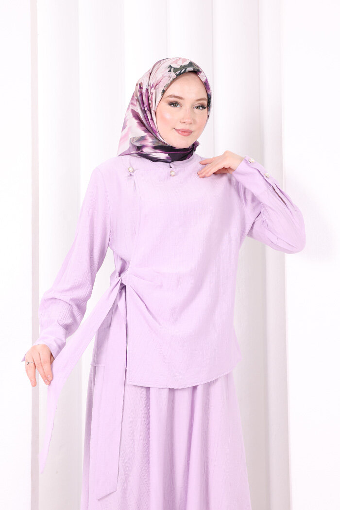 Belden Bağlamalı Bluz Etek Takım 8703 Lila - 5