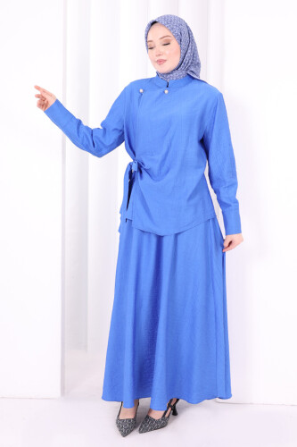 Belden Bağlamalı Bluz Etek Takım 8703 Saks - 3
