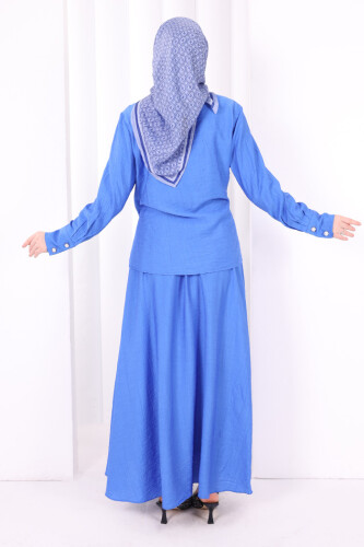 Belden Bağlamalı Bluz Etek Takım 8703 Saks - 4