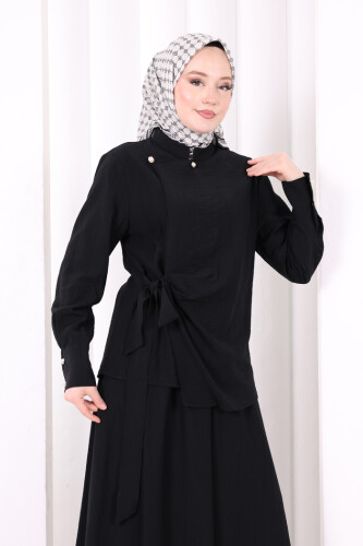 Belden Bağlamalı Bluz Etek Takım 8703 Siyah - 5