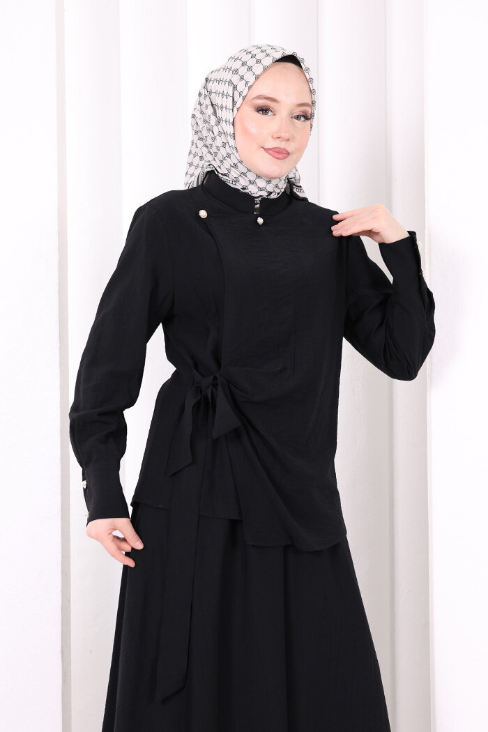 Belden Bağlamalı Bluz Etek Takım 8703 Siyah - 5