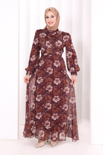 Belden Bağlamalı Desenli Elbise 6075 Mürdüm - 2