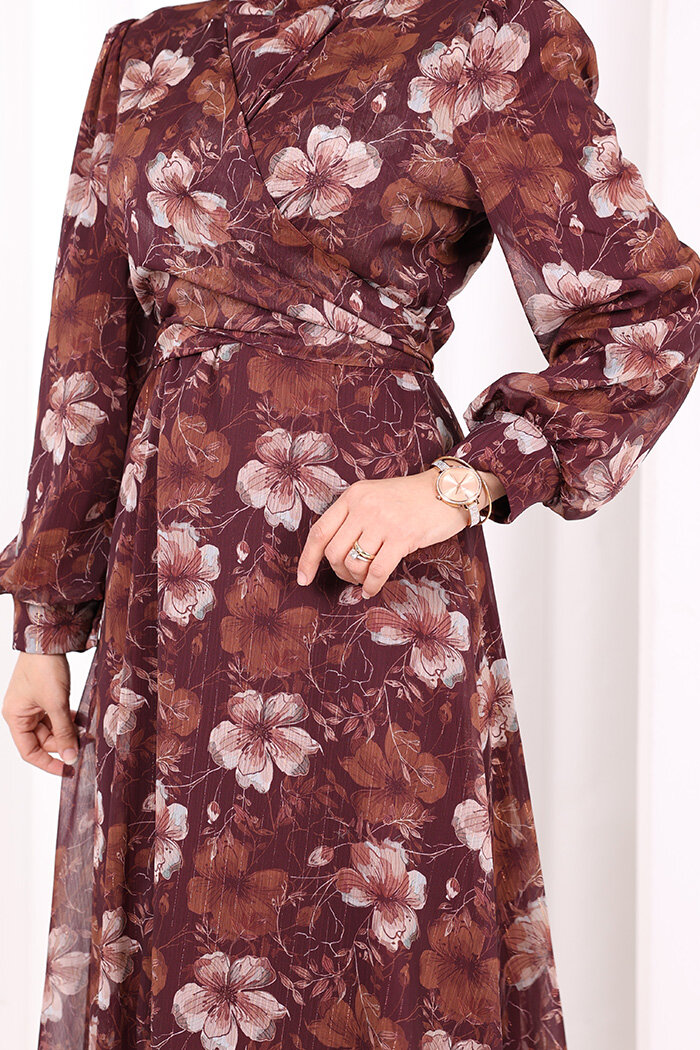 Belden Bağlamalı Desenli Elbise 6075 Mürdüm - 6